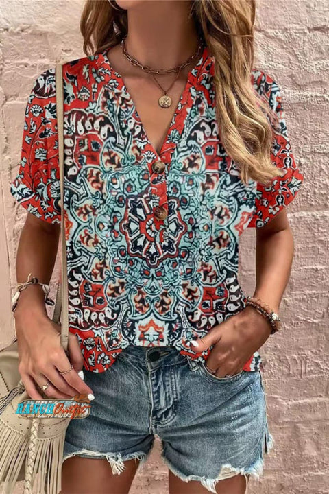 Floral Print Button Detailed V-Neck Top Multicolor / S