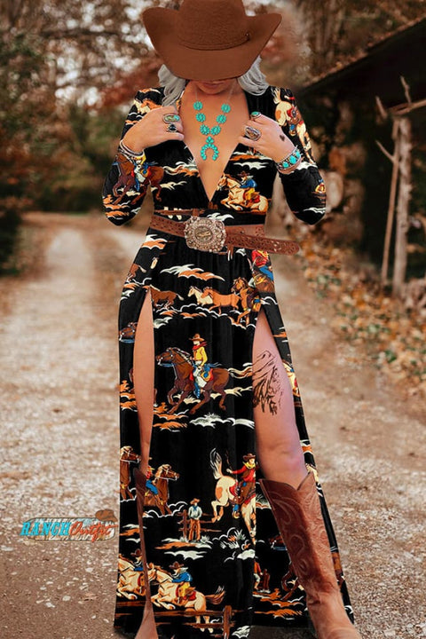 Retro Western Rodeo Print Slit Dress