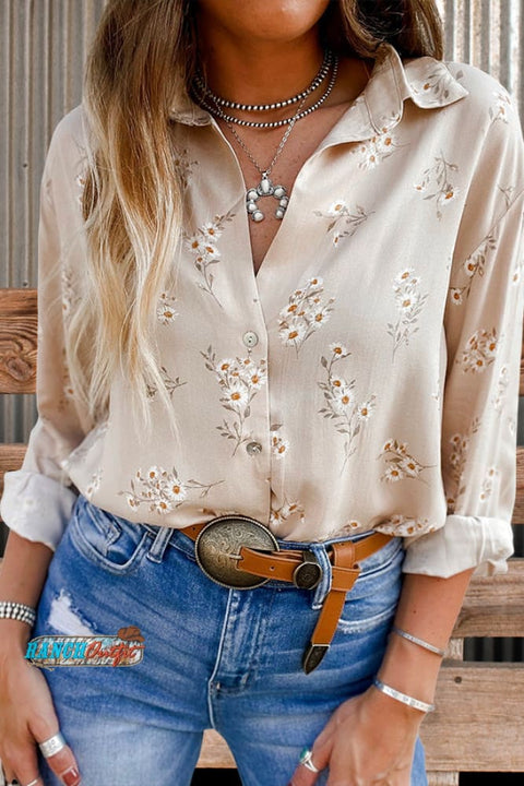 V Neck Daisy Print Blouse Apricot / S