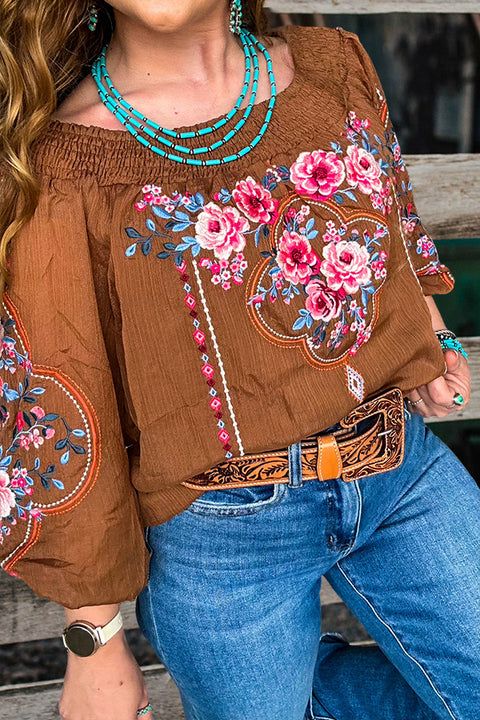 Pretty Floral Print Embroidered Blouse