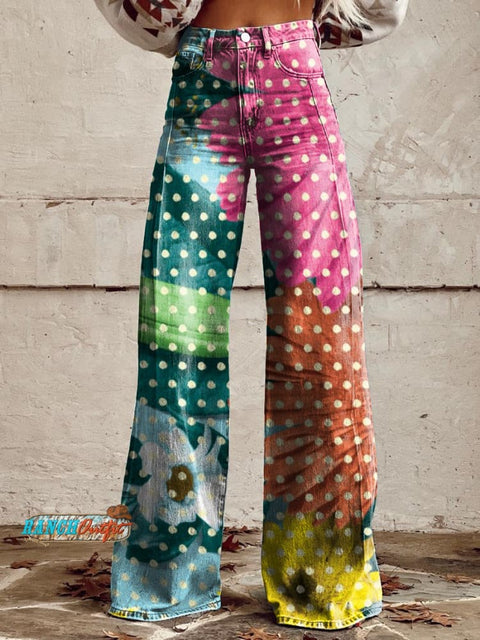 Women's Retro Color Floral Polka Dot Art Casual Wide Leg Pants