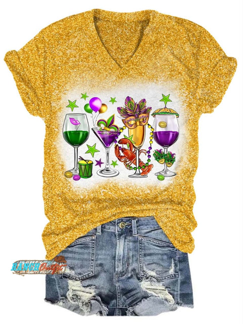 Fat Tuesday Mardi Gras Glitter V-Neck T-Shirt