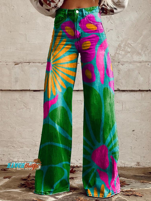 Women's Retro Colorful Floral Art Casual Wide Leg Pants