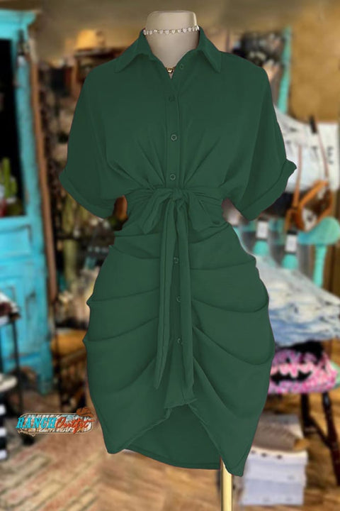 Casual Ruched Shirt Dress Green / S