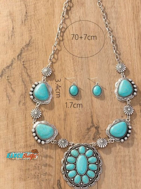 Western style retro special-shaped turquoise necklace with earrings jewelry set