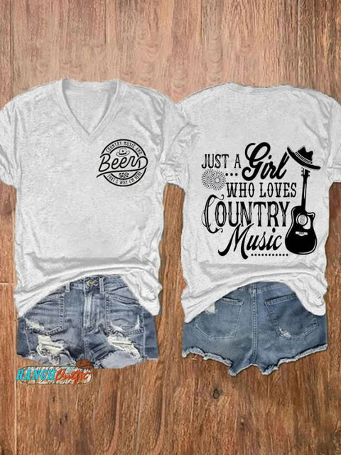 Women’s Country Music And Beer Print V-Neck Casual T-Shirt White / S