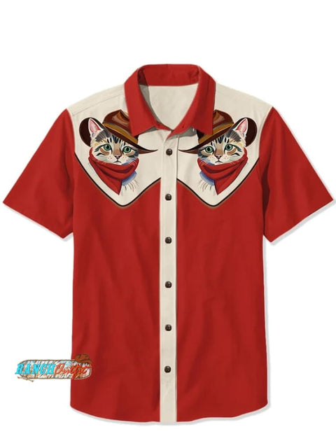 Western Cowcat Print Casual Shirt Red / S