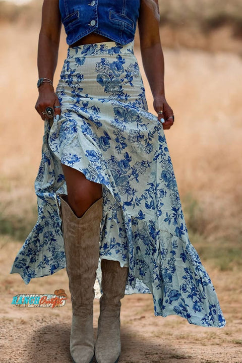 Southern Floral Print Ruffled Slit Maxi Skirt