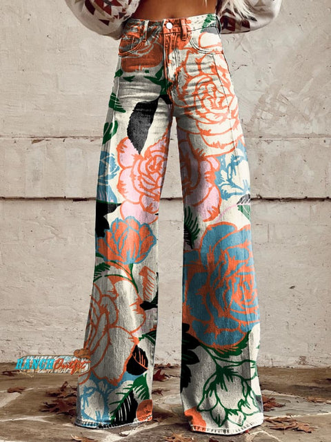 Women's Retro Floral Art Casual Wide Leg Pants