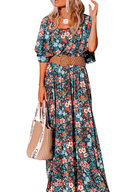 Boutique Square Collar Print Wrinkled Cotton Long Dresses Summer