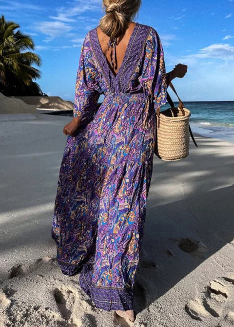 Chic Purple V Neck Print Wrinkled Cotton Maxi Dresses Summer