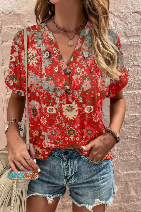 Floral Print Button Detailed V-Neck Top Red / S