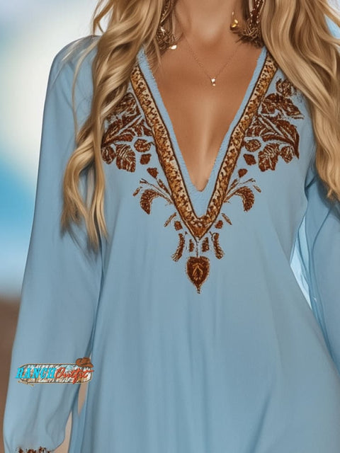 Bohemian Embroidered Tassel Blue Long Sleeve Mini Dress