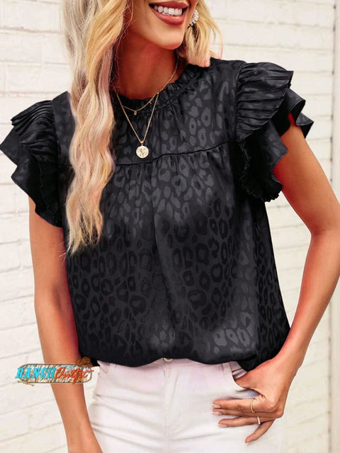 Women's Printed Ruffle Sleeve Wave Neck Top