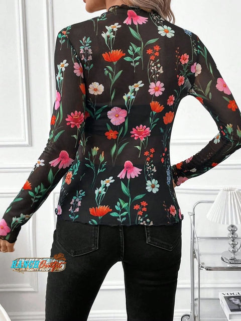 Women's Fashionable Mesh Black Ear-edge Tight-fitting T-shirt Top