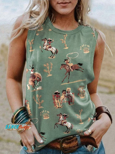 Women’s Western Cowboys Cowgirls Print Round Neck Sleeveless T-Shirt Green / S