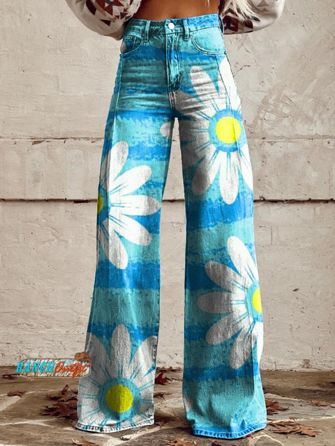 Women's Retro Color Daisy Art Casual Wide Leg Pants