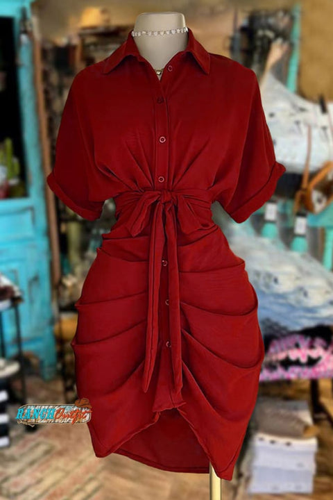 Casual Ruched Shirt Dress Red / S