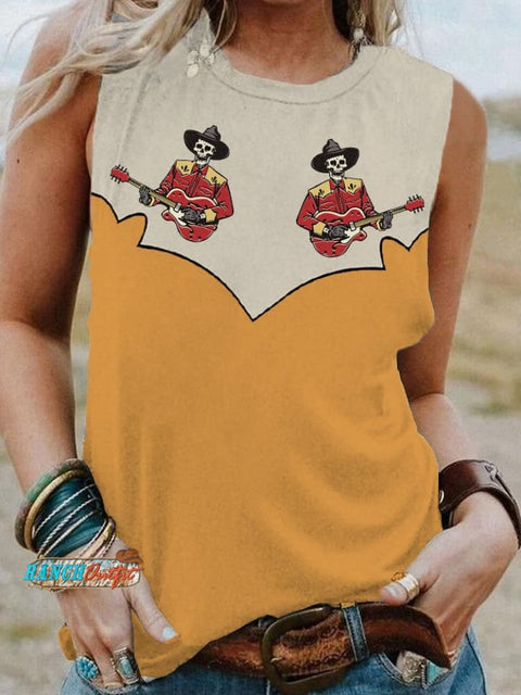 Women’s Retro Western Skull Cowboy Playing Guitar Print Casual Vest Yellow / S