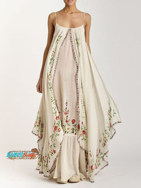 Casual Floral Print Sleeveless Loose Maxi Dress Beige / S