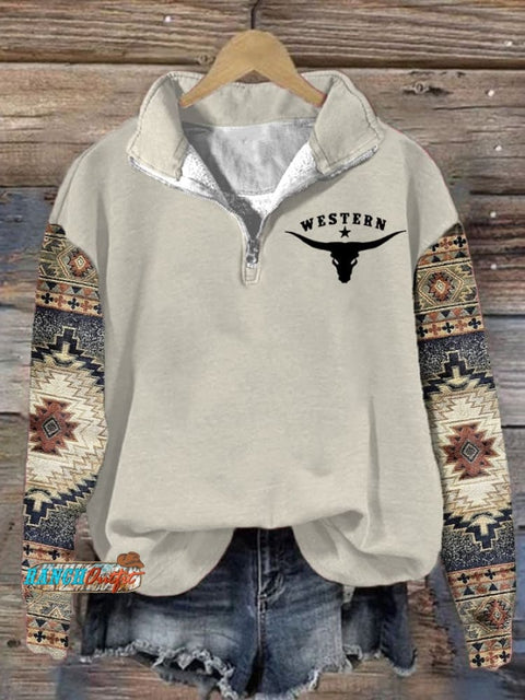 Women's Retro Western Printed Zipper Casual Sweatshirt