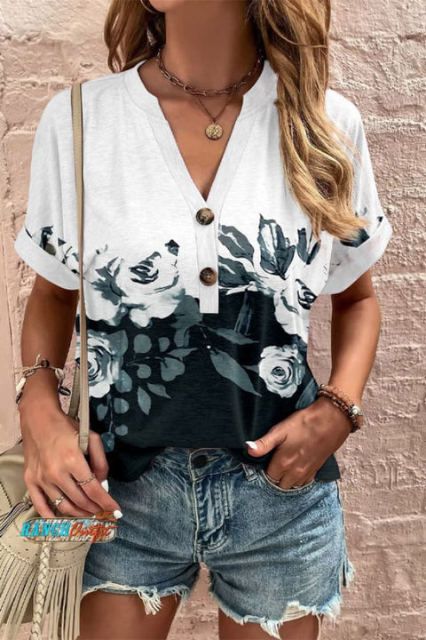 Floral Print Button Detailed V-Neck Top Black / S