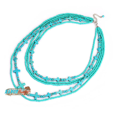 Vintage Turquoise Rice Beaded Multi-layer Cross Necklace