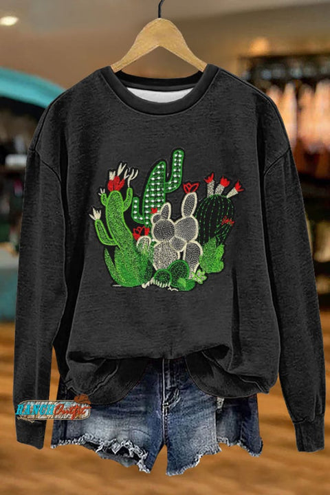 Cozy Western Cowboy Cactus Print Sweatshirt