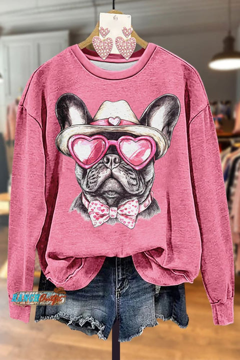 Cute Valentine Bulldog Print Sweatshirt