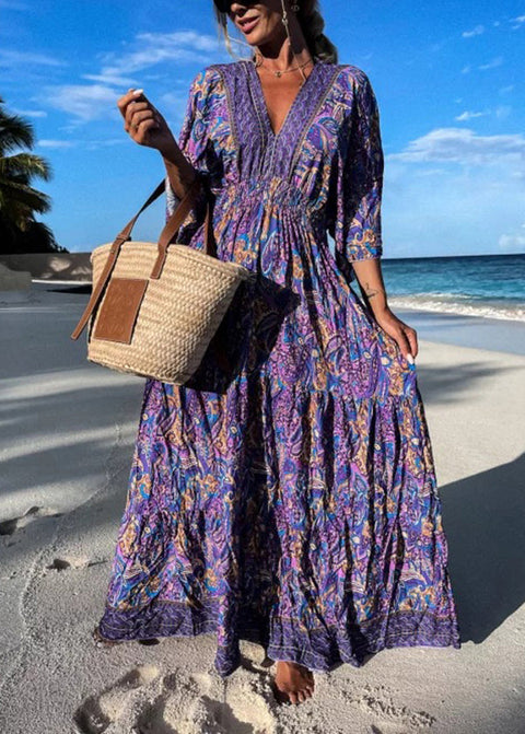 Chic Purple V Neck Print Wrinkled Cotton Maxi Dresses Summer