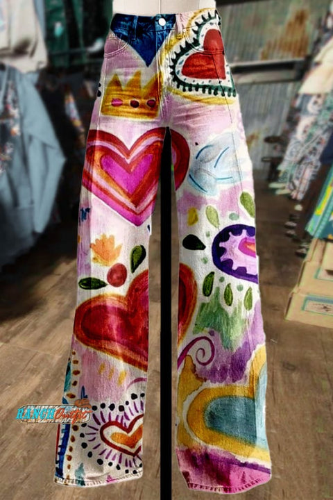 Colorful Heart Print Wide Leg Pants