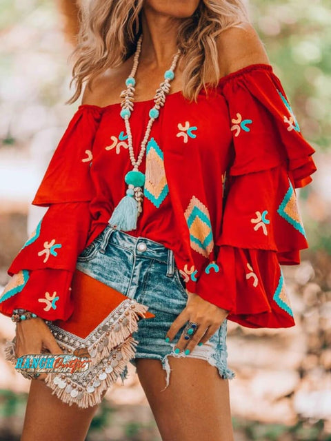 Red Floral-Print Off Shoulder Long Sleeve Shirts & Tops / S