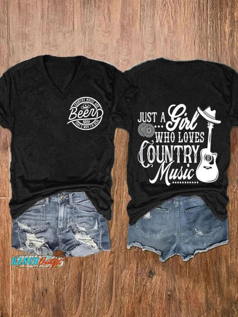 Women’s Country Music And Beer Print V-Neck Casual T-Shirt Black / S