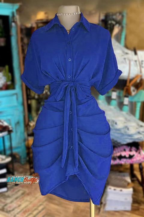 Casual Ruched Shirt Dress Royal Blue / S