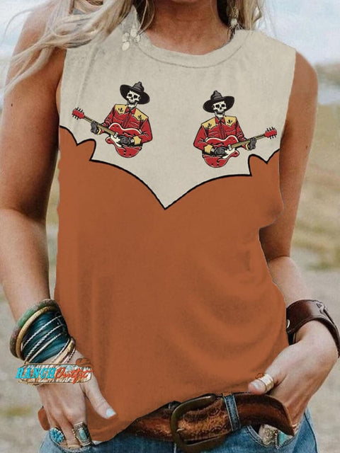 Women’s Retro Western Skull Cowboy Playing Guitar Print Casual Vest Brown / S