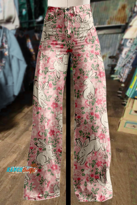 Floral Bunny Print Wide Leg Pants