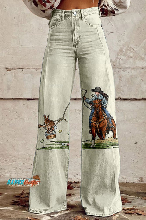 Easter Western Cowgirl Rabbit Wide Leg Pants