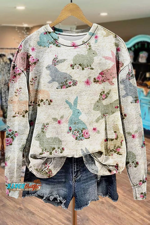 Floral Bunny Print Easter Sweatshirt