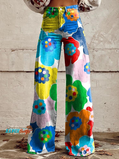 Women's Retro Colorful Floral Art Casual Wide Leg Pants