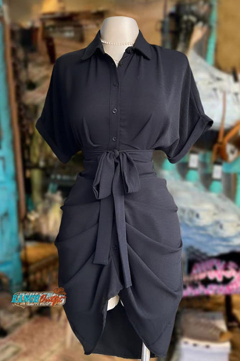 Casual Ruched Shirt Dress Black / S