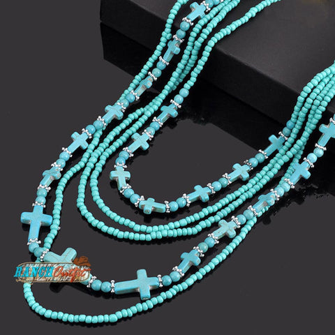 Vintage Turquoise Rice Beaded Multi-layer Cross Necklace