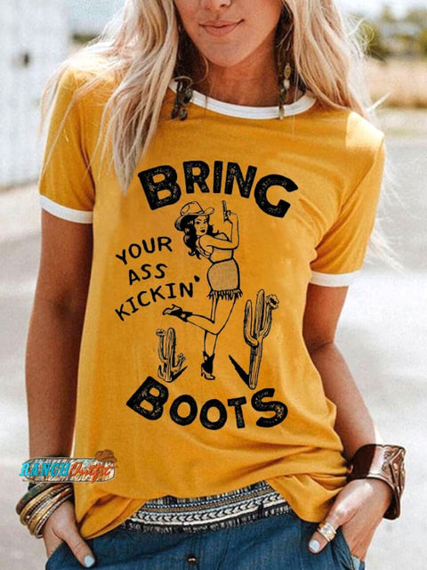 🔥Buy 3 Get 10% Off🔥Women’s Cool Retro Cowgirl Bring Your Ass Kickin’ Boots! Casual Tee Yellow / S