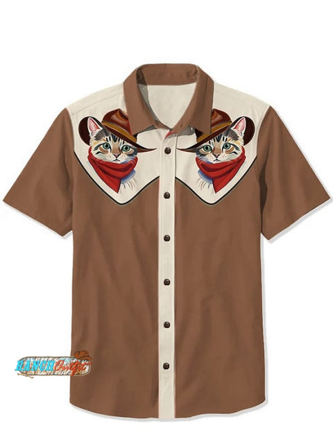 Western Cowcat Print Casual Shirt Brown / S