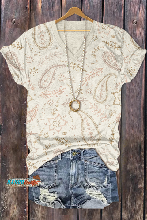 Floral Paisley Print V-Neck T-Shirt