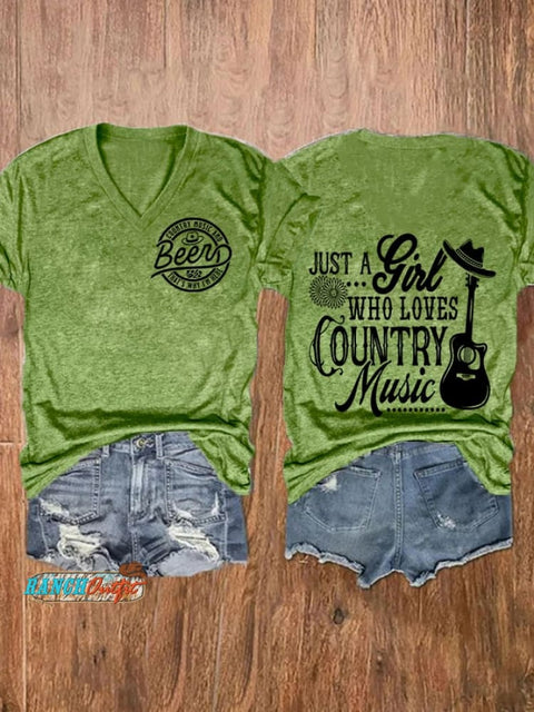 Women’s Country Music And Beer Print V-Neck Casual T-Shirt Green / S