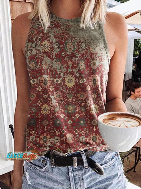 Women Western Tribal Vintage Graphic Floral Cotton-Blend Sleeveless Halter Neck Tank Shirts & Tops
