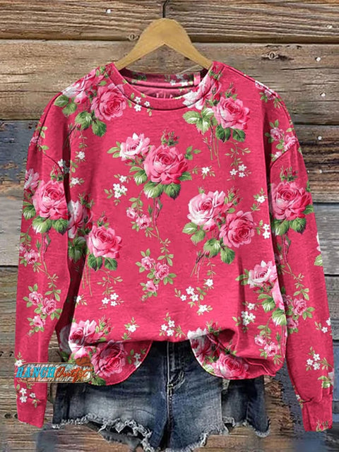 Women's Rose Art Floral  Pattern Crew Neck Sweatshirt