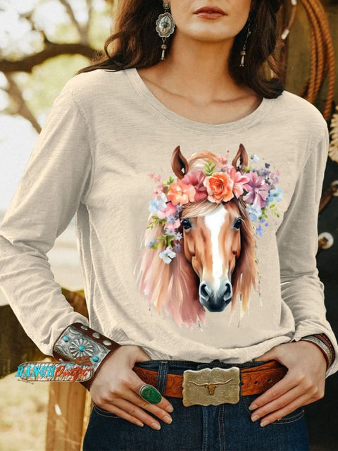 Women’s Wild Western Horse Art Print Casual T Shirt Sand / S