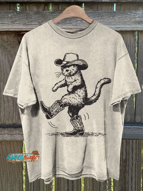 Cute Cowboy Cat Print T-Shirt S / Sand