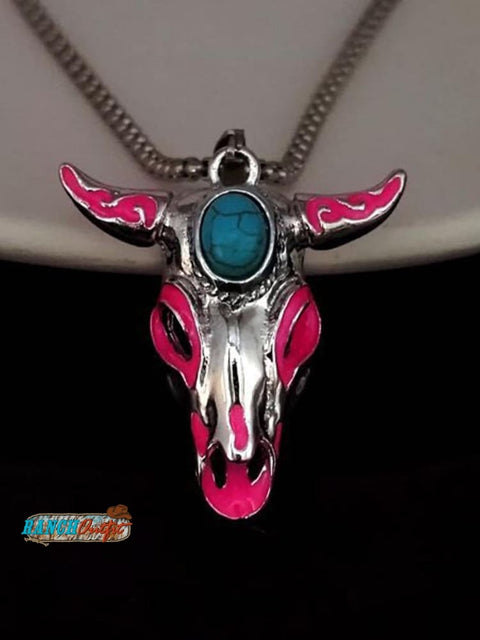 Turquoise Skull Bull Head Stainless Steel Glow Necklace Rose Red Light / 70Cm